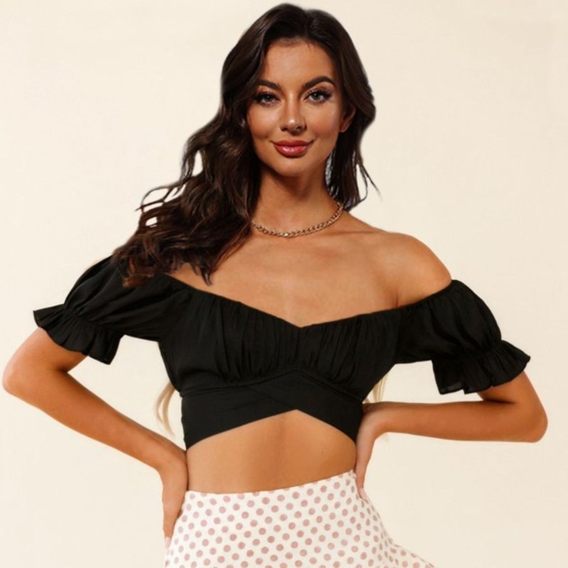 Off-Shoulder Flounce Sleeve Tie Back Top - Cute Little Wish