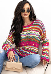 Openwork Contrast Round Neck Flare Sleeve Knit Top