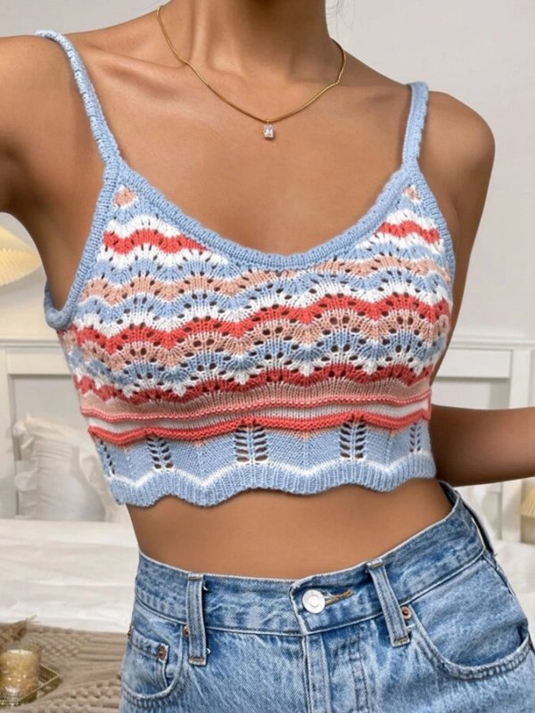 Openwork Striped Scoop Neck Cami - Cute Little Wish