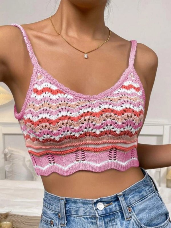 Openwork Striped Scoop Neck Cami - Cute Little Wish