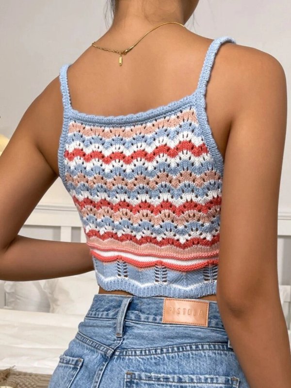 Openwork Striped Scoop Neck Cami - Cute Little Wish