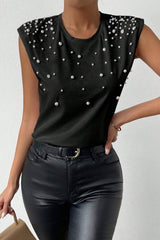 Pearl Detail Round Neck Tank - Cute Little Wish