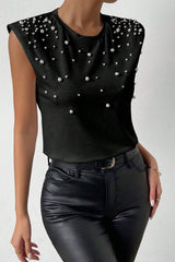 Pearl Detail Round Neck Tank - Cute Little Wish