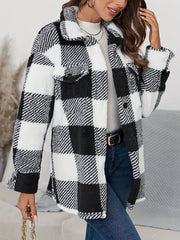 Plaid Button Up Long Sleeve Fuzzy Outerwear