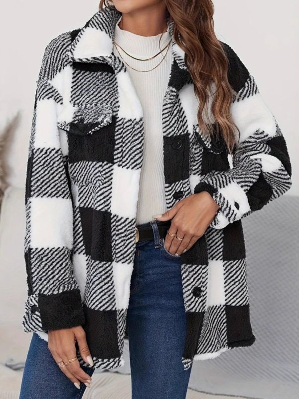 Plaid Button Up Long Sleeve Fuzzy Outerwear