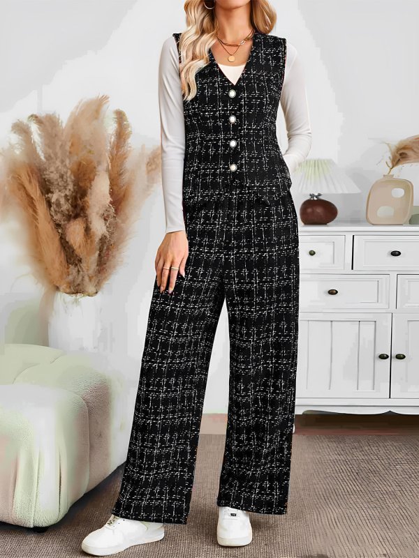 Plaid V - Neck Button Up Vest and Pants Set