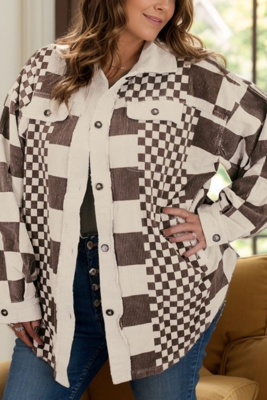 Plus Size Checkered Button Up Long Sleeve Jacket - Cute Little Wish