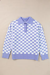 Plus Size Checkered Collared Neck Long Sleeve Sweater - Cute Little Wish