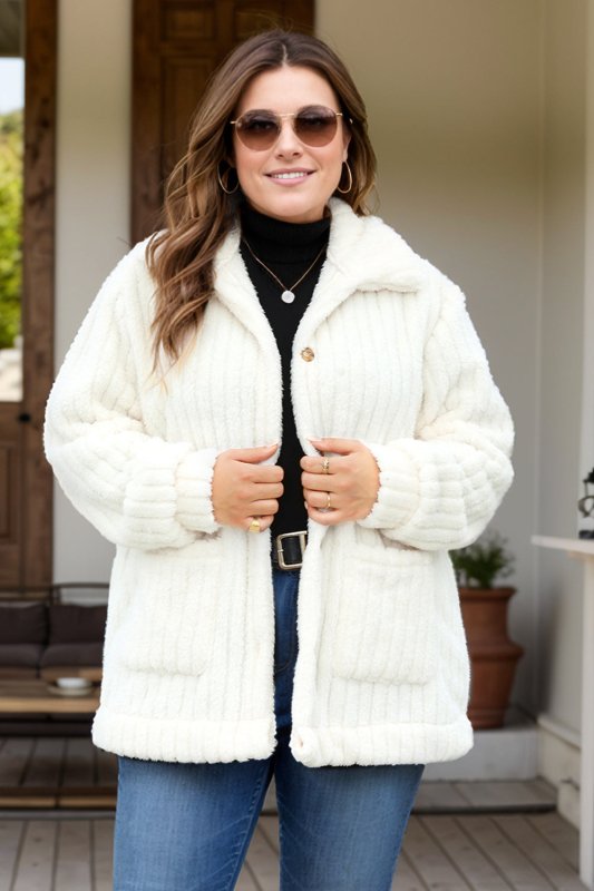 Plus Size Collared Neck Button Down Fuzzy Outerwear - Cute Little Wish