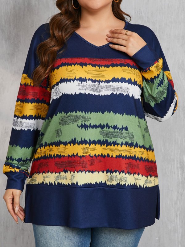 Plus Size Color Block V - Neck Long Sleeve T-Shirt