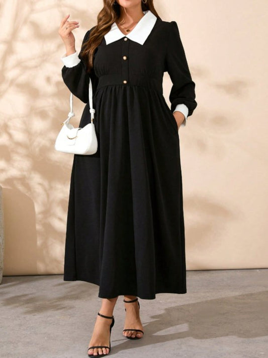 Plus Size Contrast Collared Neck Long Sleeve Midi Dress - Cute Little Wish