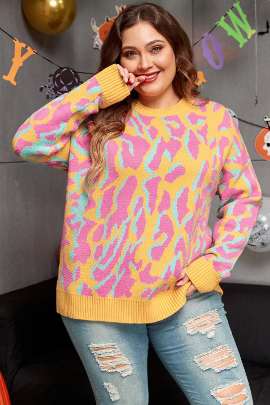 Plus Size Contrast Round Neck Long Sleeve Sweater - Cute Little Wish