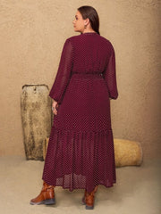 Plus Size Embroidered Polka Dot Tie Neck Long Sleeve Midi Dress - Cute Little Wish