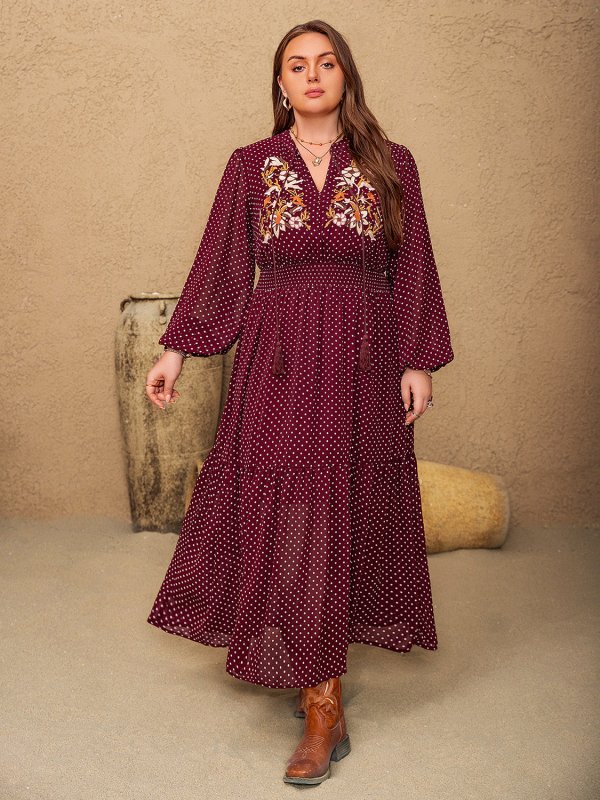 Plus Size Embroidered Polka Dot Tie Neck Long Sleeve Midi Dress - Cute Little Wish