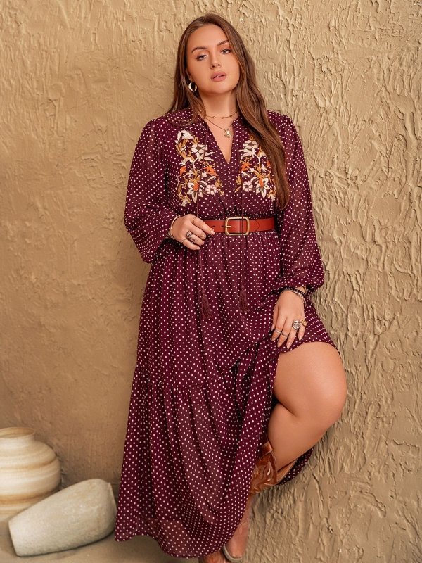 Plus Size Embroidered Polka Dot Tie Neck Long Sleeve Midi Dress - Cute Little Wish