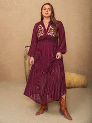 Plus Size Embroidered Polka Dot Tie Neck Long Sleeve Midi Dress - Cute Little Wish