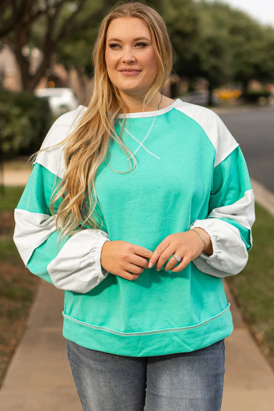 Plus Size Exposed Seam Color Block Long Sleeve Sweatshirt - Cute Little Wish