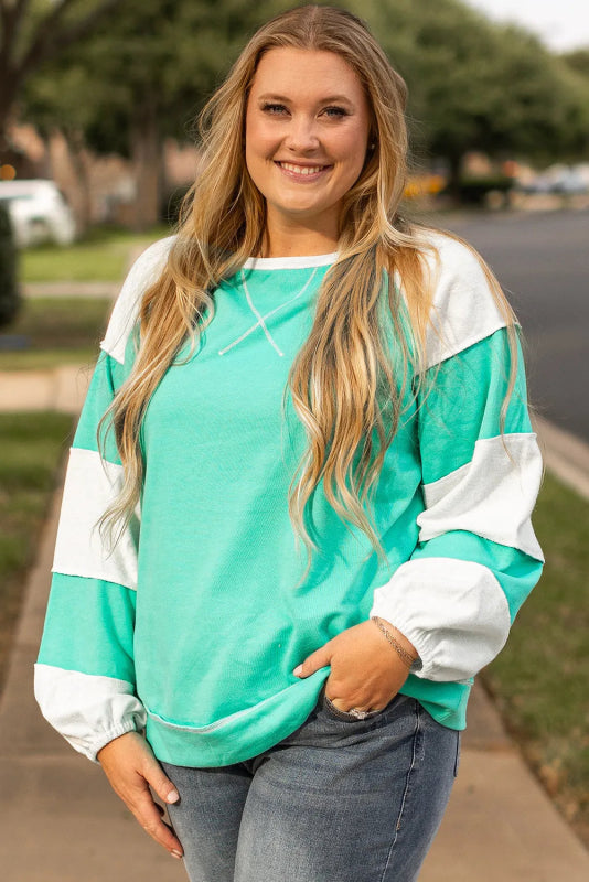 Plus Size Exposed Seam Color Block Long Sleeve Sweatshirt - Cute Little Wish