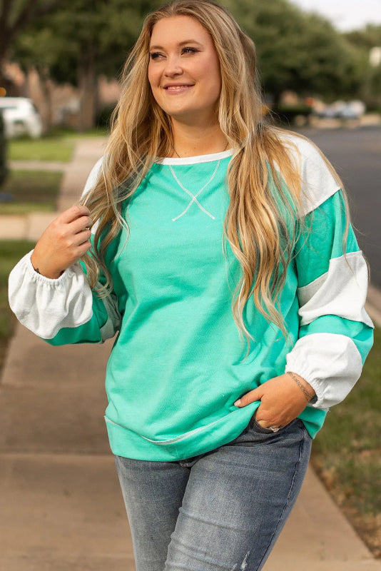 Plus Size Exposed Seam Color Block Long Sleeve Sweatshirt - Cute Little Wish