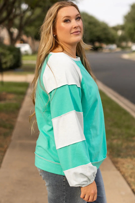 Plus Size Exposed Seam Color Block Long Sleeve Sweatshirt - Cute Little Wish