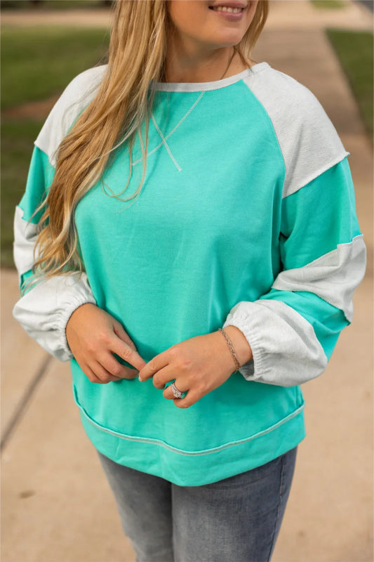 Plus Size Exposed Seam Color Block Long Sleeve Sweatshirt - Cute Little Wish