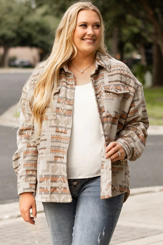 Plus Size Geometric Collared Neck Long Sleeve Jacket - Cute Little Wish