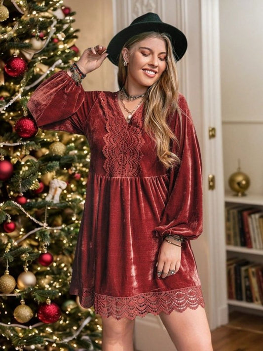 Plus Size Lace Detail V - Neck Long Sleeve Mini Dress - Cute Little Wish