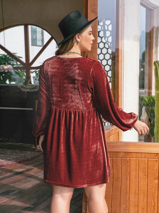 Plus Size Lace Detail V - Neck Long Sleeve Mini Dress - Cute Little Wish