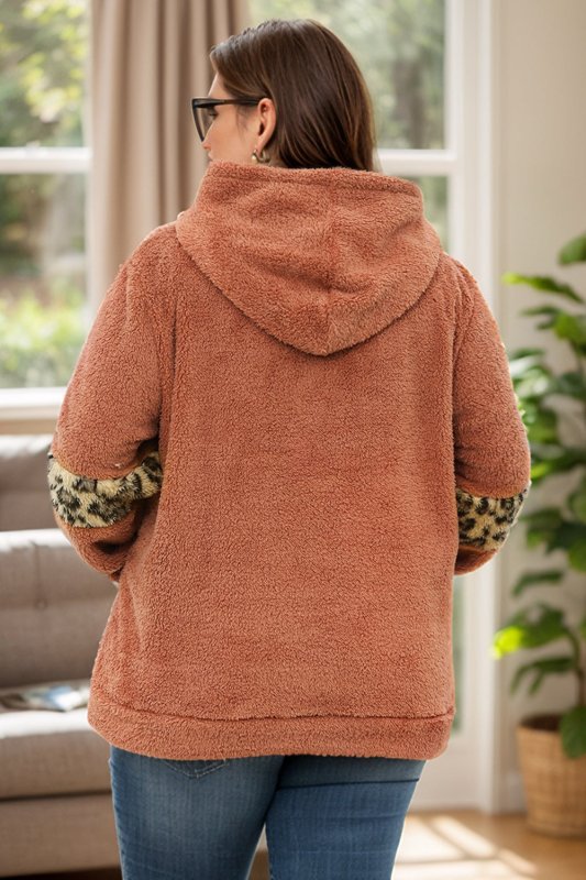 Plus Size Leopard Kangaroo Pocket Long Sleeve Hoodie - Cute Little Wish