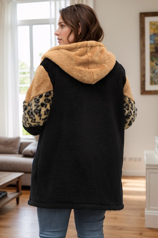 Plus Size Leopard Zip Up Hooded Outerwear - Cute Little Wish