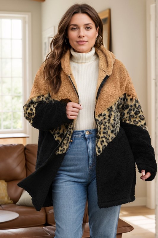 Plus Size Leopard Zip Up Hooded Outerwear - Cute Little Wish