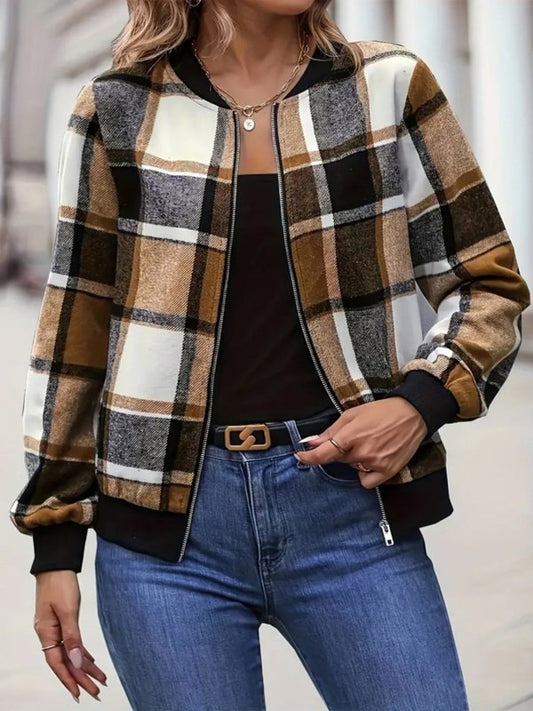 Plus Size Plaid Baseball Collar Zip Up Jacket - Cute Little Wish