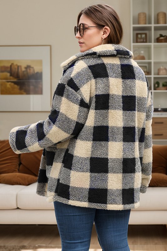 Plus Size Plaid Button Up Long Sleeve Coat - Cute Little Wish