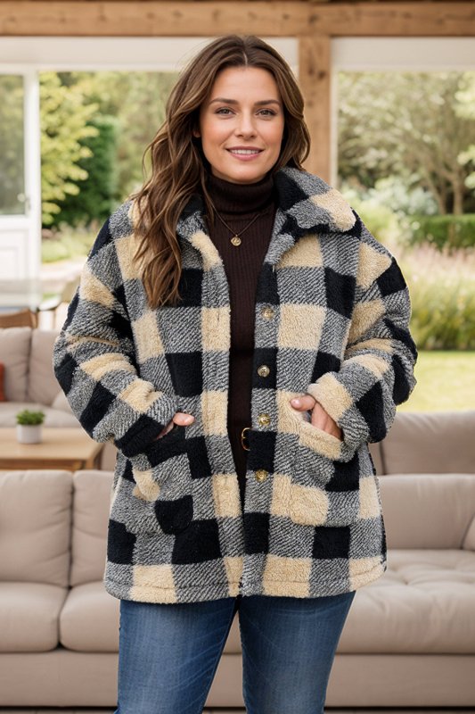 Plus Size Plaid Button Up Long Sleeve Coat - Cute Little Wish