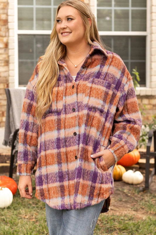 Plus Size Plaid Collared Neck Long Sleeve Jacket - Cute Little Wish