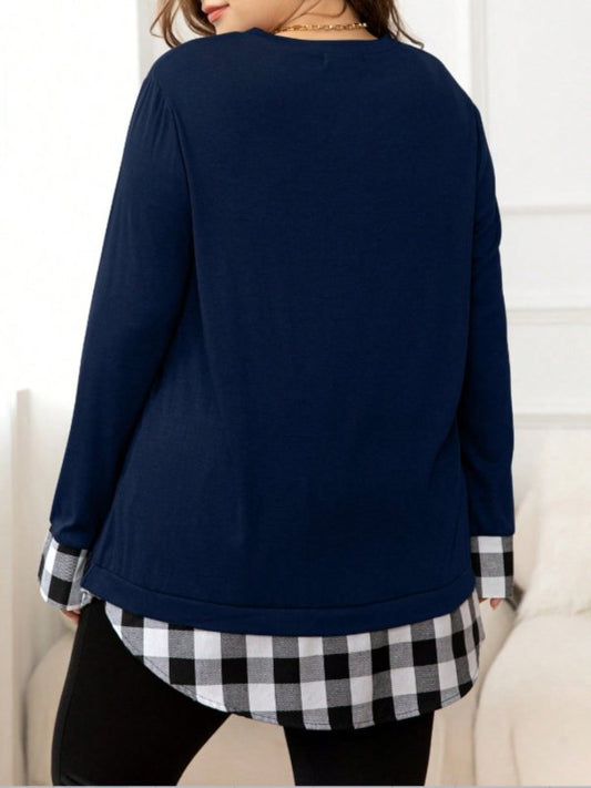 Plus Size Plaid Hem Round Neck Long Sleeve Sweatshirt - Cute Little Wish