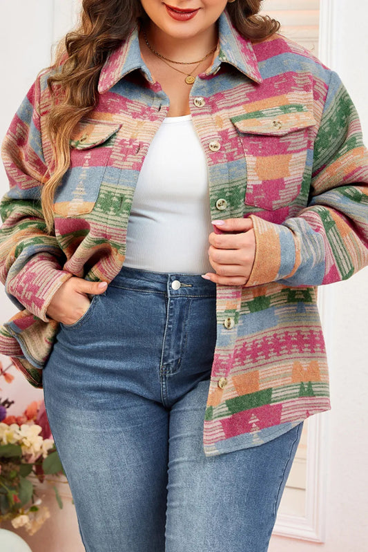 Plus Size Pocketed Printed Collared Neck Jacket - Cute Little Wish