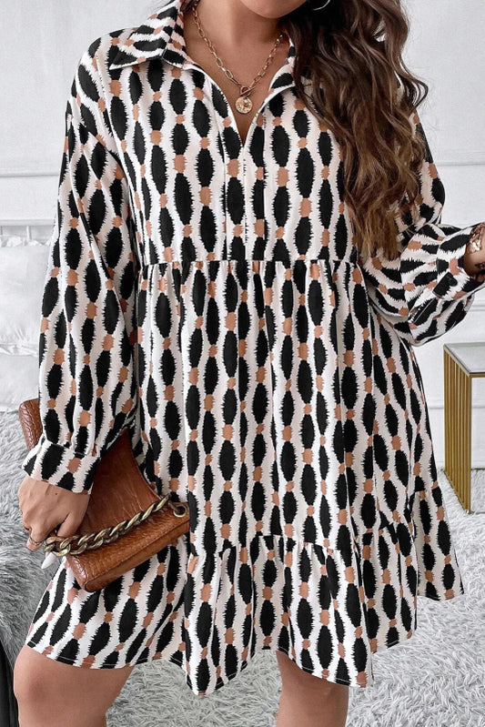 Plus Size Printed Johnny Collar Long Sleeve Dress - Cute Little Wish