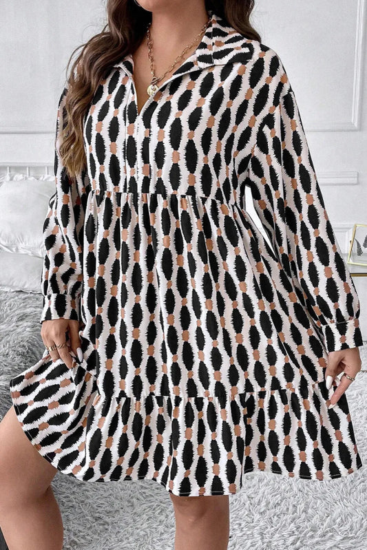 Plus Size Printed Johnny Collar Long Sleeve Dress - Cute Little Wish