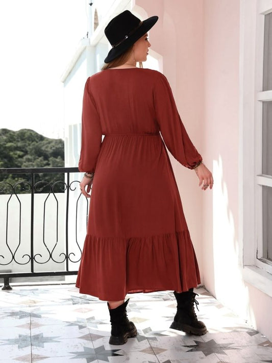 Plus Size Quarter Button V - Neck Long Sleeve Dress - Cute Little Wish