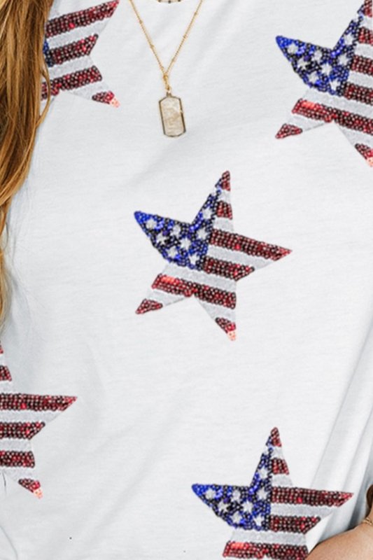 Plus Size Sequin Star Flag Short Sleeve T-Shirt - Cute Little Wish