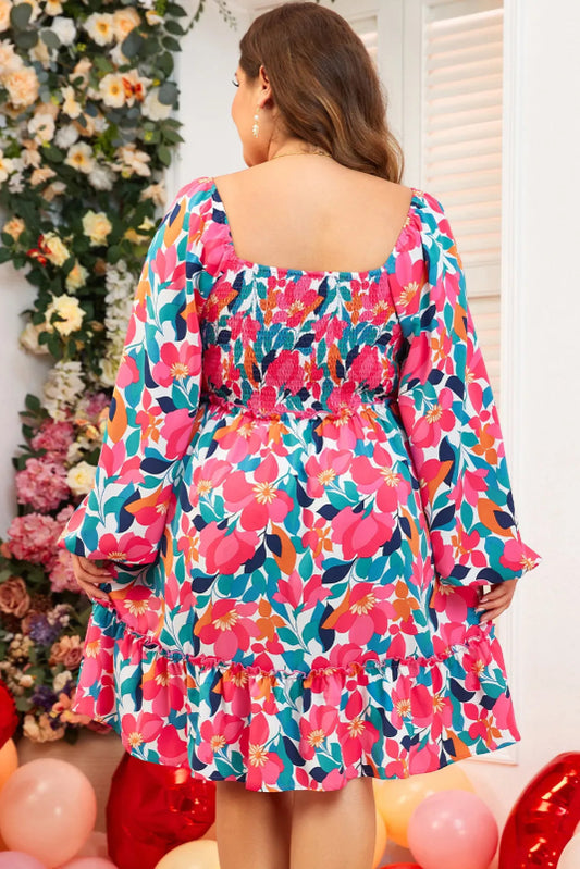 Plus Size Smocked Floral Square Neck Balloon Sleeve Dress - Cute Little Wish