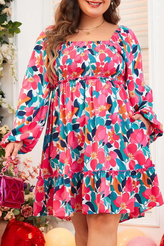 Plus Size Smocked Floral Square Neck Balloon Sleeve Dress - Cute Little Wish