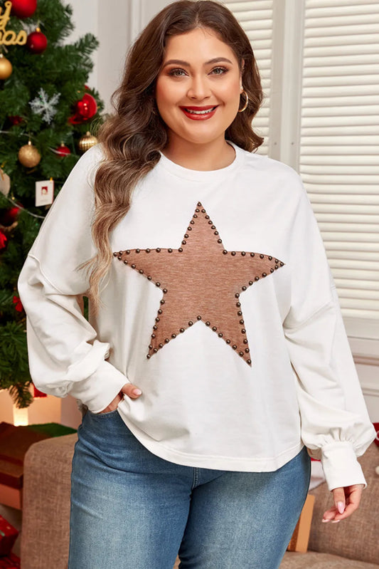 Plus Size Studded Star Round Neck Long Sleeve Blouse - Cute Little Wish