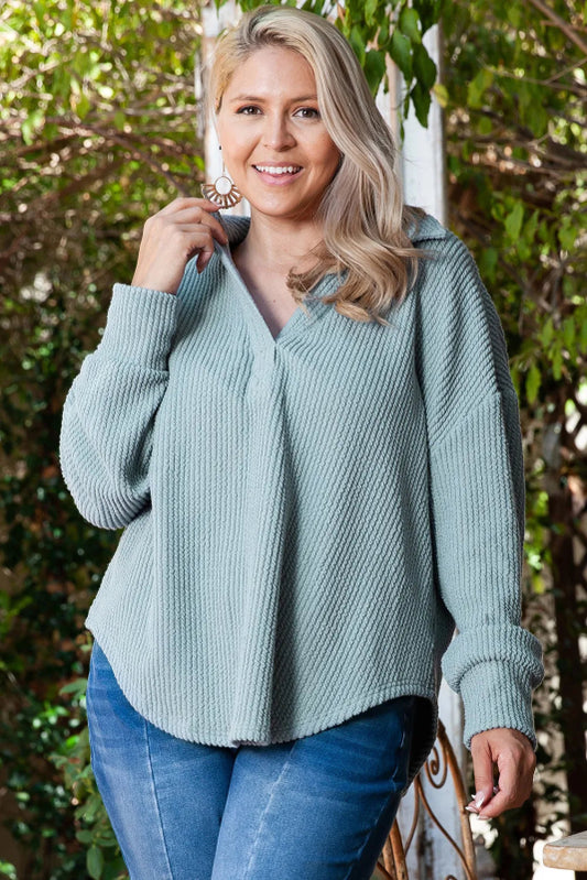 Plus Size Textured Johnny Collar Long Sleeve Sweatshirt - Cute Little Wish