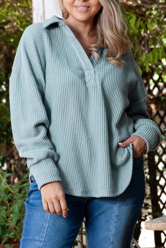 Plus Size Textured Johnny Collar Long Sleeve Sweatshirt - Cute Little Wish