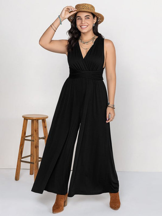 Plus Size V - Neck Wide Leg Jumpsuit - Cute Little Wish