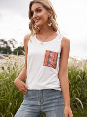 Pocketed Printed Round Neck Tank - Cute Little Wish