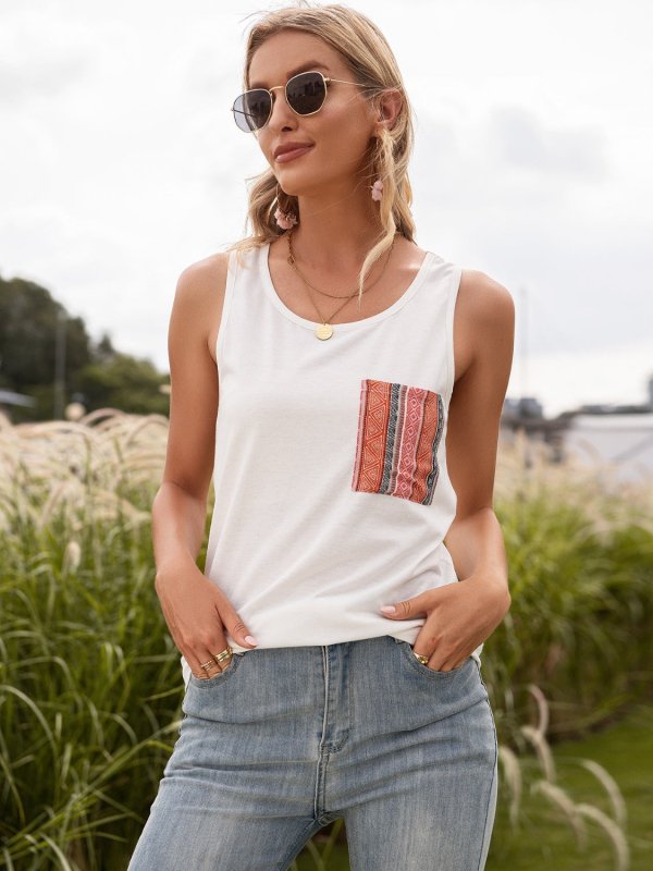 Pocketed Printed Round Neck Tank - Cute Little Wish