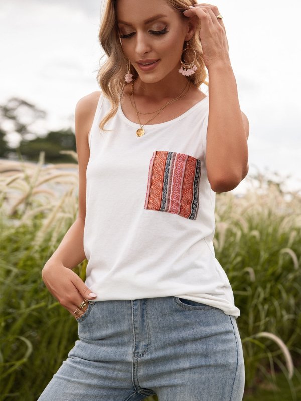 Pocketed Printed Round Neck Tank - Cute Little Wish